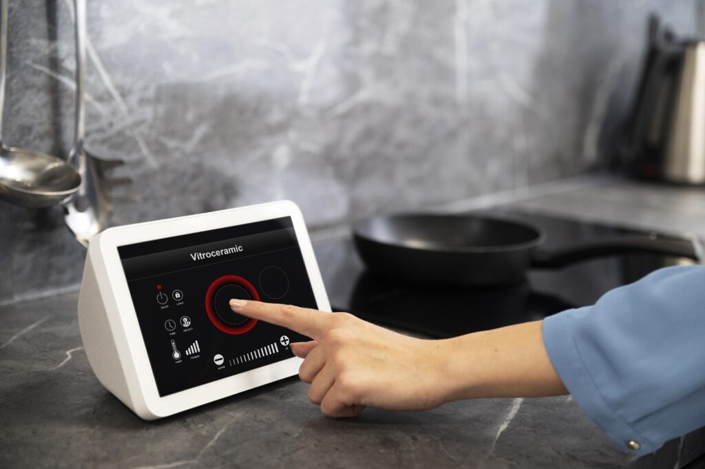 An action shot of the smart kitchen scale being used in conjunction with a recipe