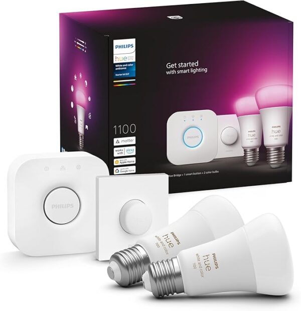 Philips Hue Smart Light Bulb Starter Kit with smart button and two bulbs