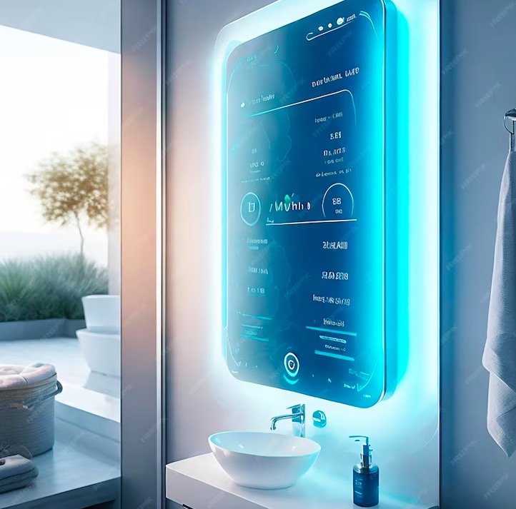 Smart bathroom mirror displaying digital interface