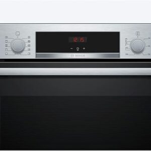 Front view of a Bosch built-in electric oven with stainless steel finish and digital display