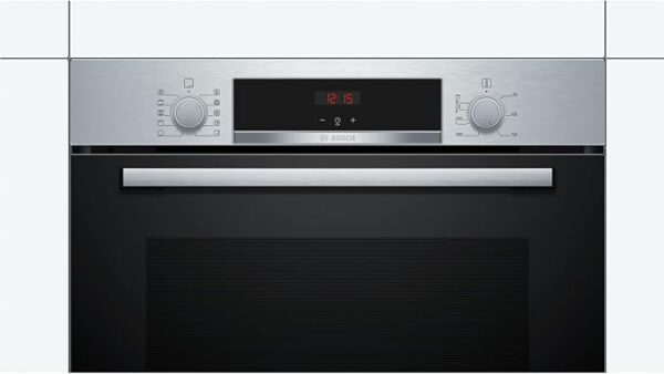 Front view of a Bosch built-in electric oven with stainless steel finish and digital display