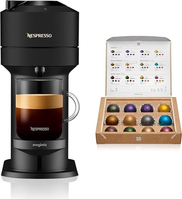 Nespresso Vertuo Next black coffee machine brewing coffee, alongside a box of colorful coffee capsules