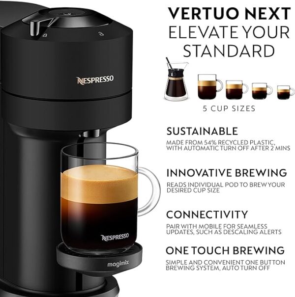 Nespresso Vertuo Next machine with infographic detailing key features