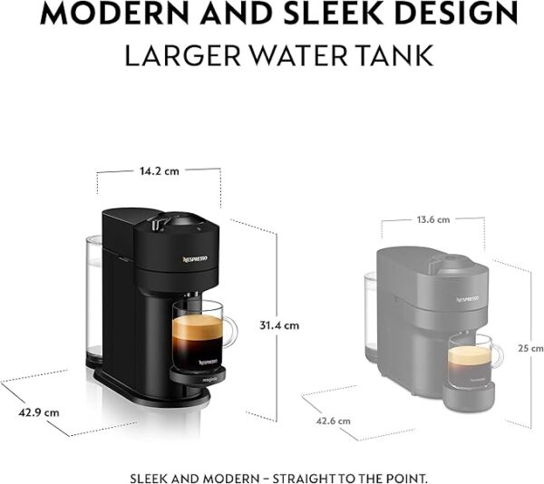 Diagram comparing the dimensions of two Nespresso coffee machines, highlighting the larger size and water tank of the Vertuo Next model