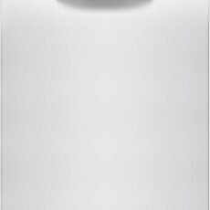 Front view of white Bosch dishwasher with digital control panel and display