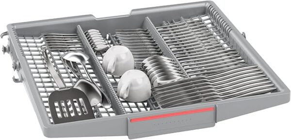 Lower dishwasher rack filled with various utensils and cookware