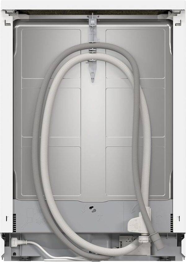 Interior view of dishwasher showing water inlet and hose connections