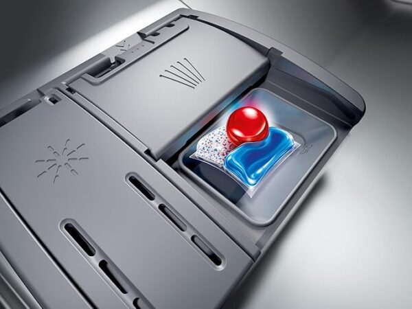 Close-up of dishwasher detergent dispenser with multi-compartment design