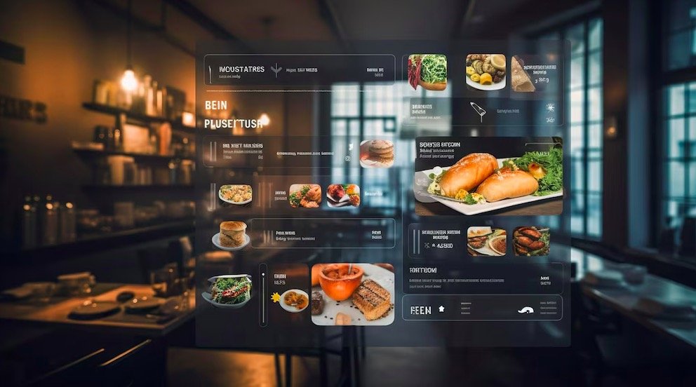 A digital menu interface floating in a dimly lit restaurant interior, displaying various food dishes and menu options.
