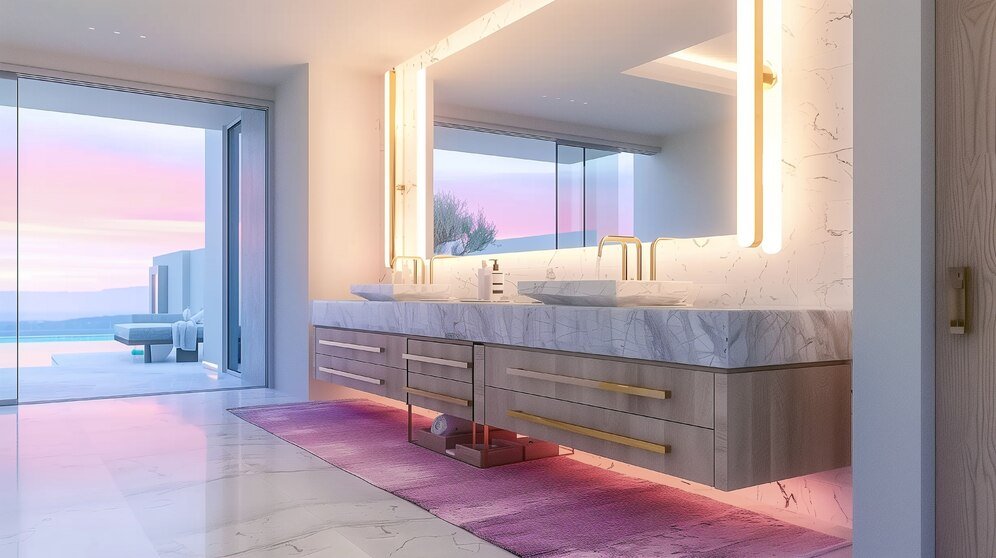 A bathroom with smart lighting in different color settings