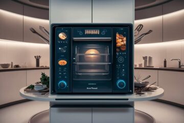 A futuristic smart oven with a digital display panel, set in a modern circular kitchen with ambient lighting.