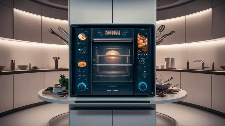 A futuristic smart oven with a digital display panel, set in a modern circular kitchen with ambient lighting.