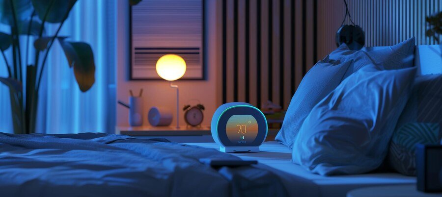 Person stretching in bed at sunset with a smart alarm clock on the nightstand