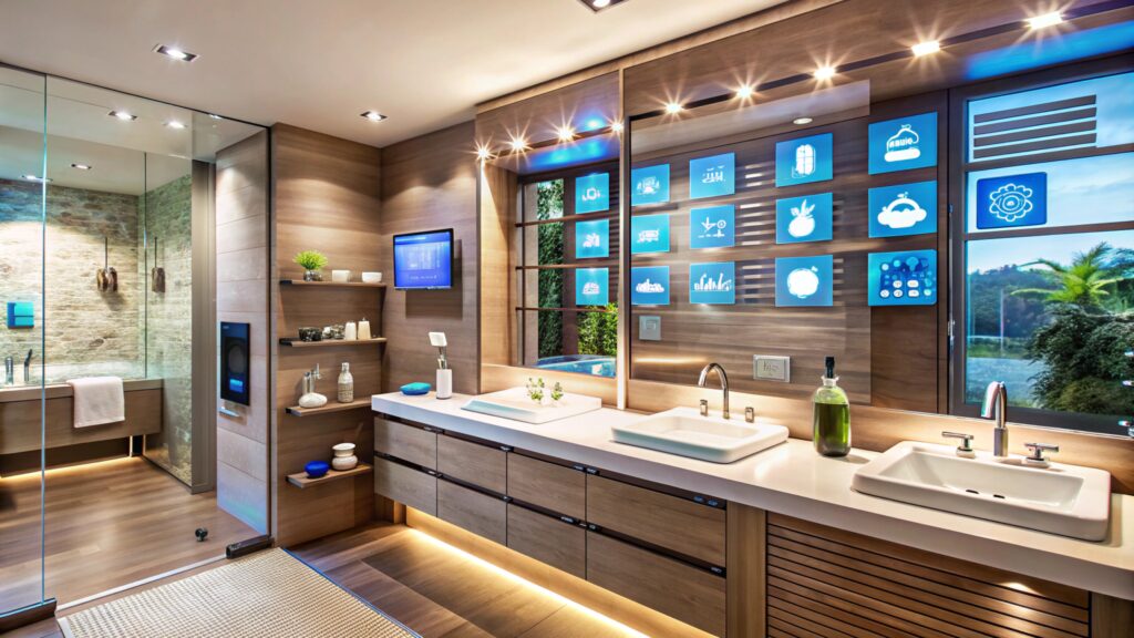 Luxurious modern bathroom interior with ocean view