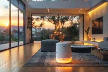 Smart speaker in a modern living room with sunset view through large windows