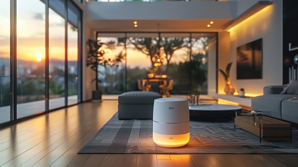 Smart speaker in a modern living room with sunset view through large windows