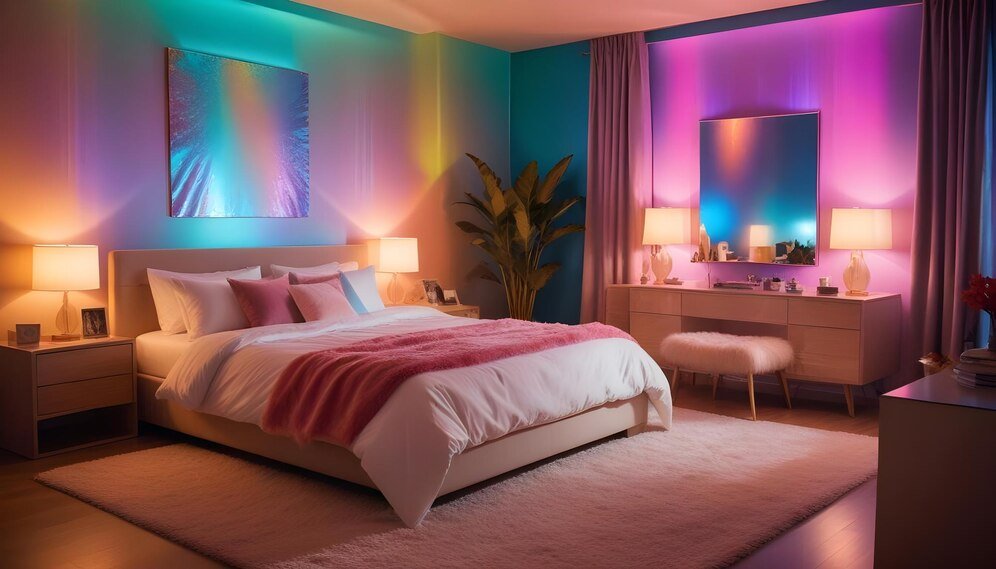 Modern bedroom with smart multicolor LED lighting creating a vibrant atmosphere