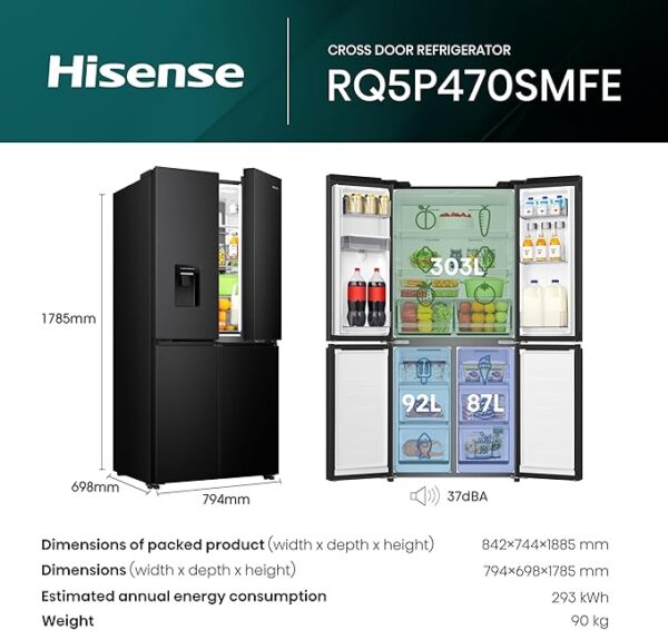 Infographic showing Hisense RQ5P470SMFE refrigerator specifications and capacity