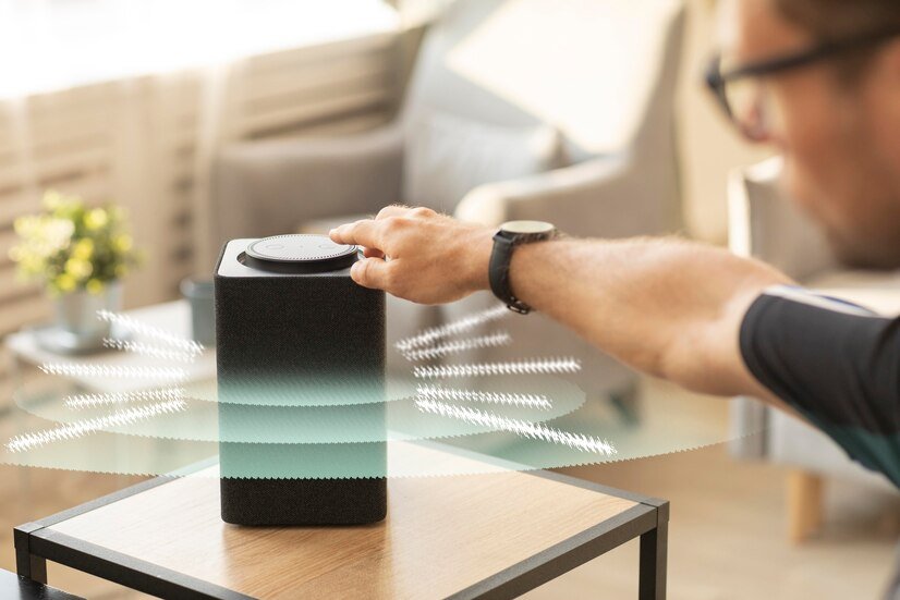 Person interacting with a smart speaker, visualizing voice commands in a living room