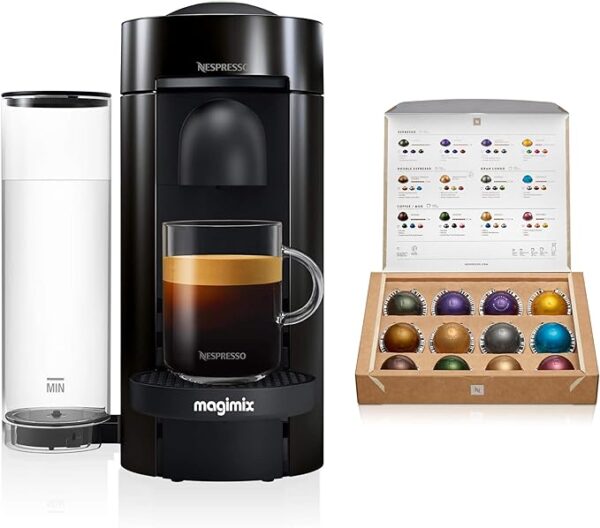 Nespresso VertuoPlus coffee maker with 1.8L water tank, brewing espresso and coffee