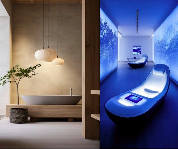 Split image of two modern bathrooms: one with warm minimalist design and pendant lights, the other with cool blue lighting and futuristic loungers