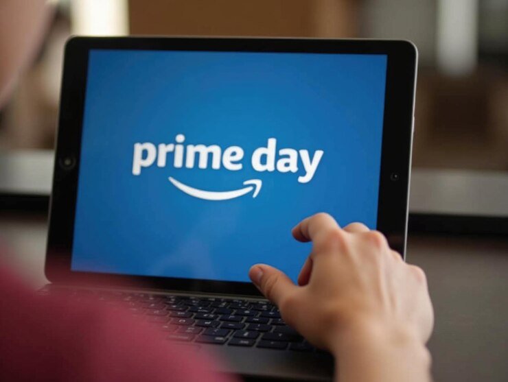 A hand touching a tablet screen displaying the Amazon Prime Day logo on a blue background.