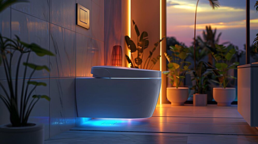 Luxurious bathroom with illuminated bathtub, tropical plants, and sunset view