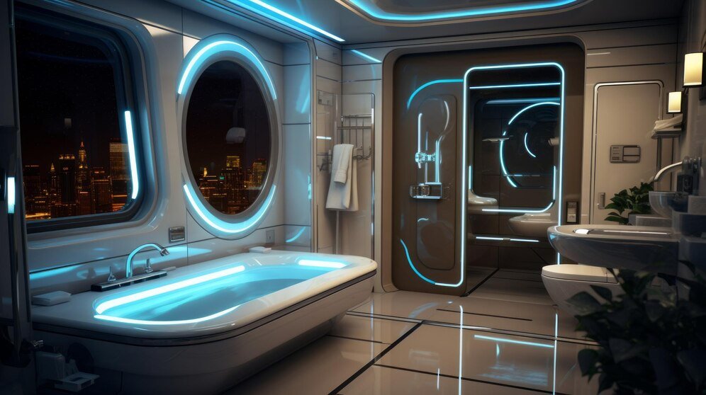 Modern bathroom with smart mirror displaying weather and schedule