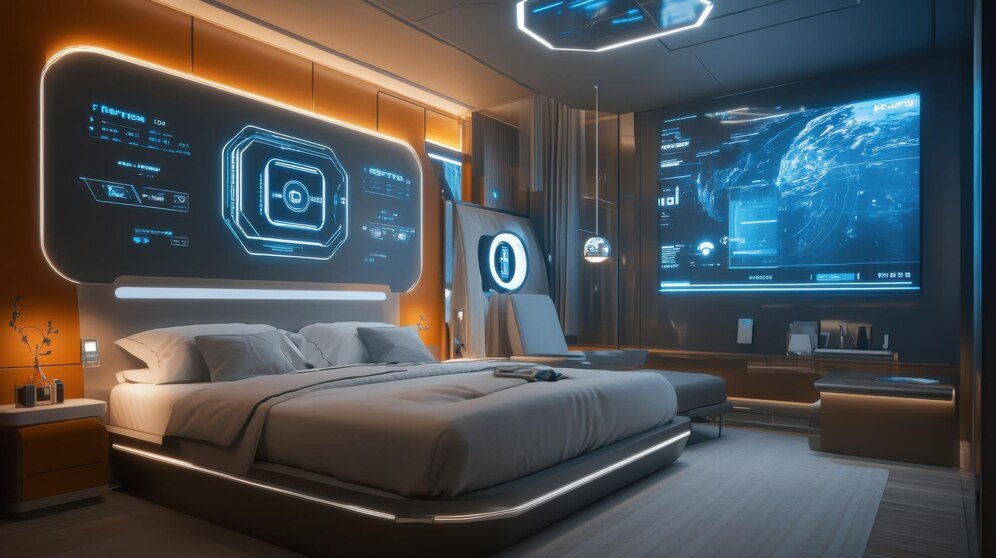 Modern style bedroom showcasing various visible high-tech smart devices