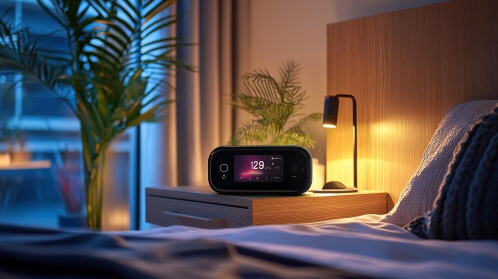 A cozy bedroom scene with a smart display device on a wooden nightstand, showing the number 129. A small lamp provides warm lighting.