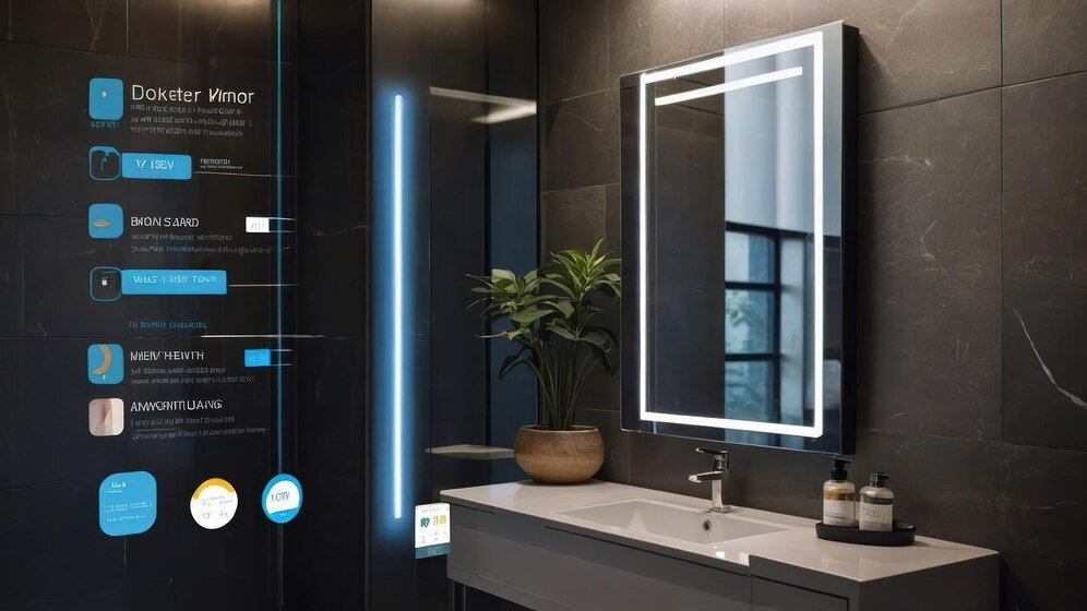 Modern bathroom with smart mirror and digital lighting control panel