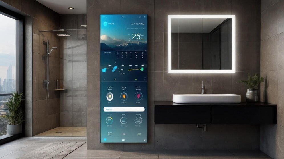 Modern bathroom featuring a large interactive smart display, illuminated mirror, and glass shower enclosure