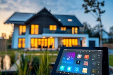 Smart home automation tablet controlling house lighting at dusk, showing digital interface with modern two-story home illuminated with warm lights in background